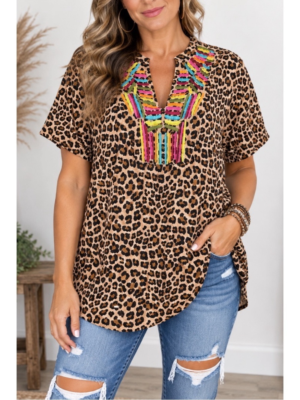 Southern Stitch leopard print embroidered top